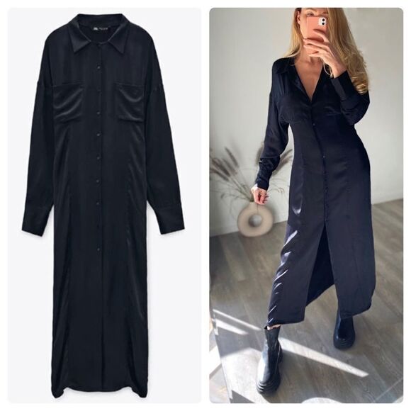 ZARA SATIN EFFECT VISCOSE SHIRT DRESS - Picture 1 of 7